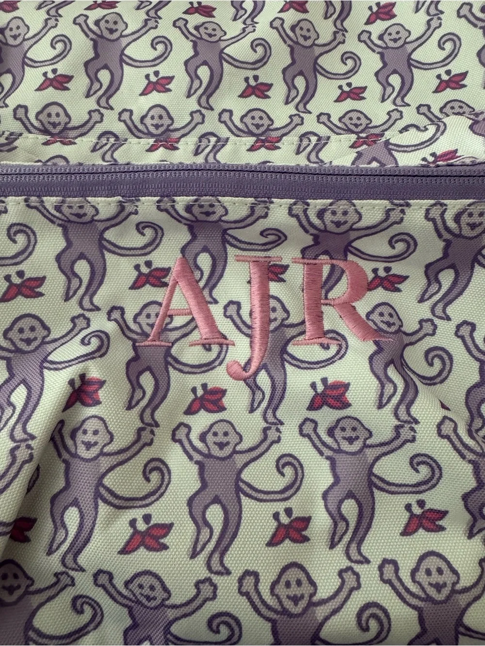 Roller Rabbit Purple Monkey Print Backpack with Pink “AJR” Initials